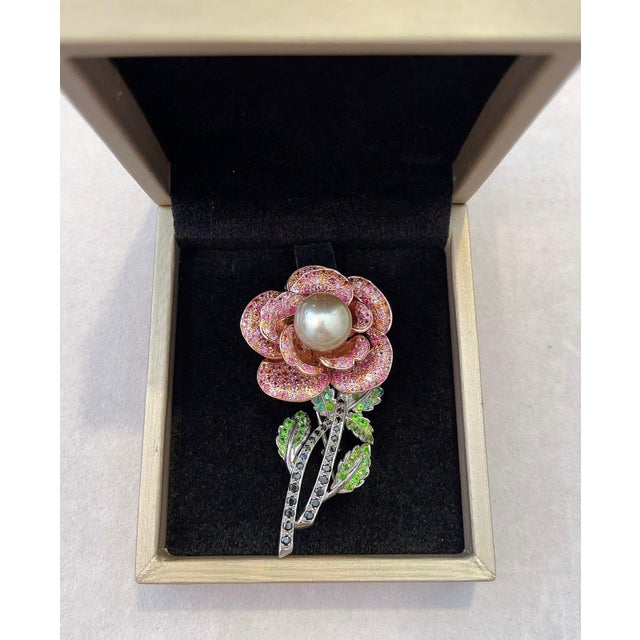 Bochic “Orient” Vintage Pink Sapphire & Pearl Brooch Set 18K Gold & Silver For Sale - Image 4 of 18