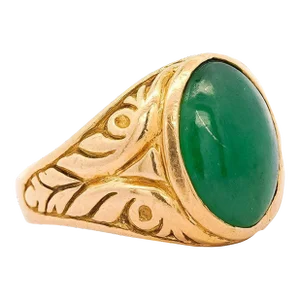 Grade A Jadeite Jade in 22K Carved Gold Solitaire Bezel Set Unisex Ring, Size 8