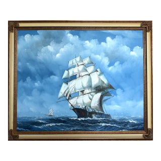 Large Vintage Oil Painting Sailing Ship Seascape Signed Maritime Ocean Art For Sale