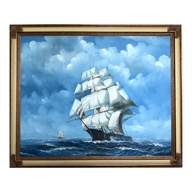 Large Vintage Oil Painting Sailing Ship Seascape Signed Maritime Ocean Art For Sale