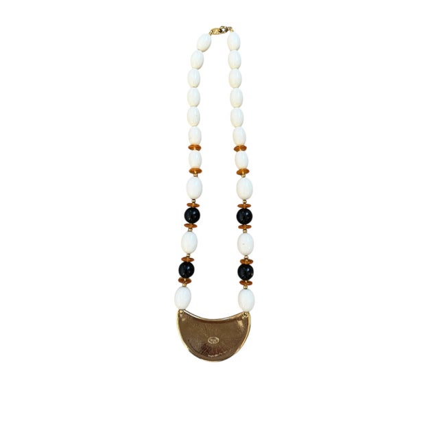 Mid-Century Modern Mid 20th Century Halfmoon Beaded Stamped Trifari Necklace For Sale - Image 3 of 3