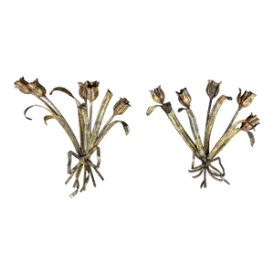 1960s Hollywood Regency Italian Gilt Metal Tulip Bouquet Wall Sconces - S/2