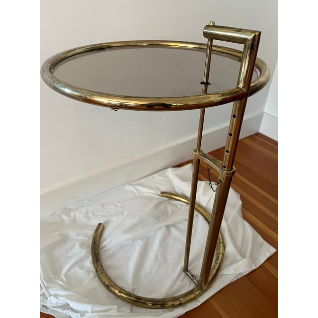1980s 1980s Adjustable Brass Finished Metal & Tinted Glass Side Table, After Eileen Gray E1027 Table For Sale - Image 5 of 6