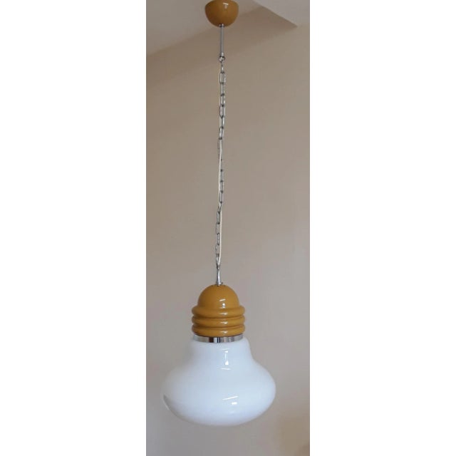 Metal Vintage Ceiling Lamp in White Opaque Glass & Mustard-Colored Metal Assembly, 1970s For Sale - Image 7 of 7
