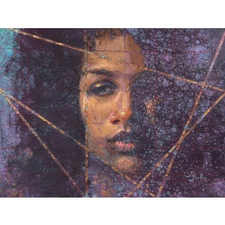 Copper Venus by Lisa Fricker | Oil & Copper On Canvas Panel Portrait of a woman's face with abstract lines For Sale