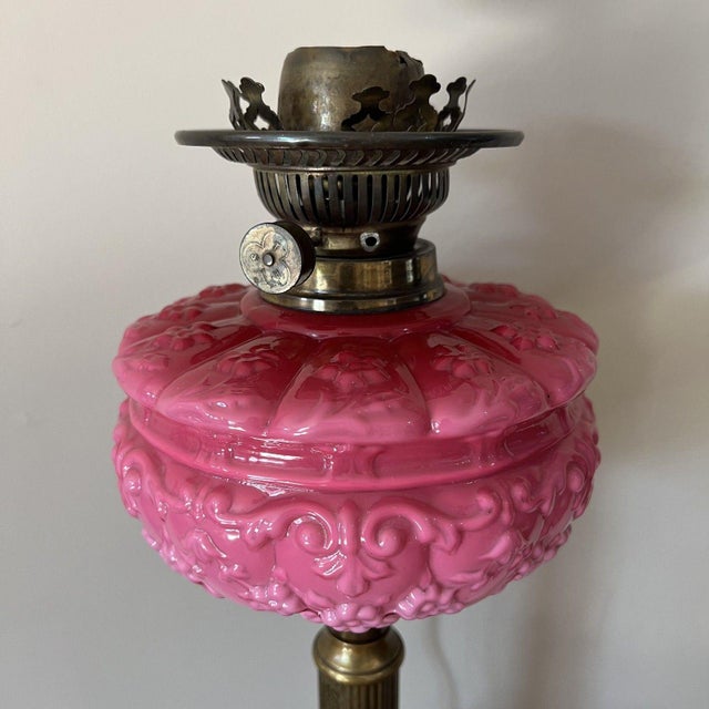 Antique Victorian Cranberry Pink Milk Glass Oil Lantern Turned Into Electric Parlor Lamp For Sale - Image 4 of 14