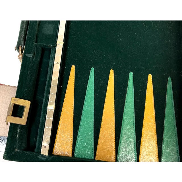 Mid-Century Aries Green & Gold Leather and Velvet Traveling Backgammon Set For Sale In Atlanta - Image 6 of 7