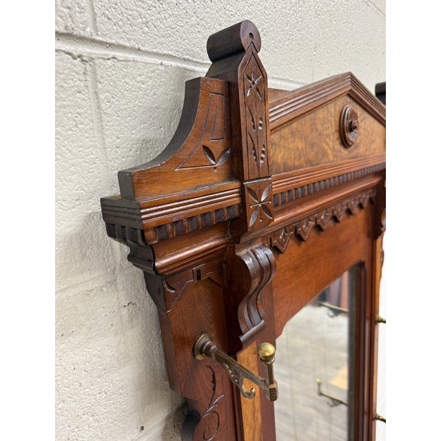 Wood Antique Victorian Eastlake Walnut Hall Tree With Mirror and Hooks and Drawer For Sale - Image 7 of 18