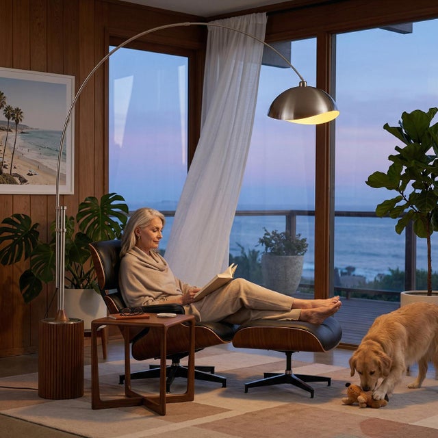 The Tambo Arc Lamp is a dimmable Mid-Century Modern floor lamp with a satin nickel finish, offering adjustable light...