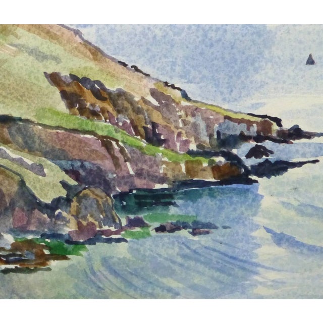 Delightful watercolor seascape of a sweeping view over a rugged cliff off the English coast by artist Tae, circa 1960....