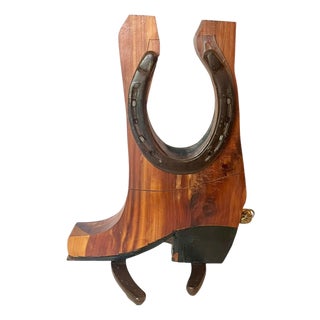 Vintage Western Folk Art Cowboy Boot Coin Bank With Horseshoe & Brass Bell – Handcrafted Rustic For Sale