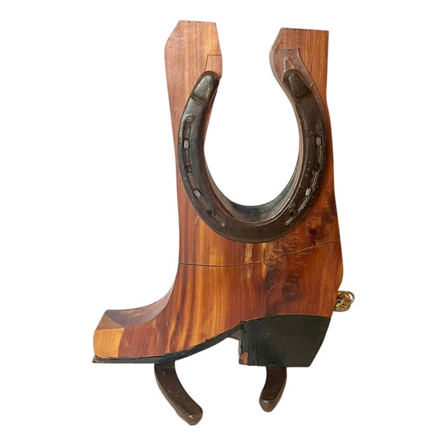 Vintage Western Folk Art Cowboy Boot Coin Bank With Horseshoe & Brass Bell – Handcrafted Rustic For Sale