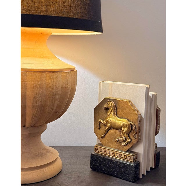 A Fabulous Pair of 1930’s Italian Regency Equestrian Bookends by Borghese Featuring a Horse & Greek-Key Design in Gold...