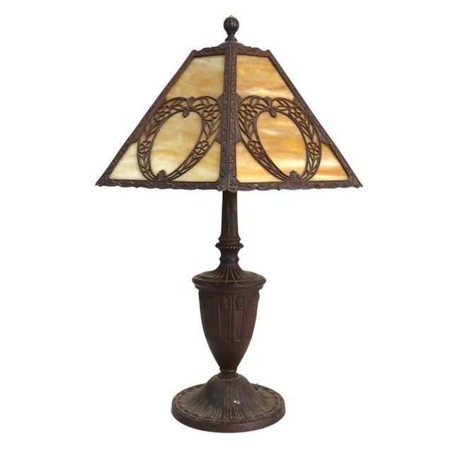 Arts & Crafts Bradley & Hubbard Style 6-Panel Slag Glass Lamp Unsigned C1920 For Sale - Image 6 of 11