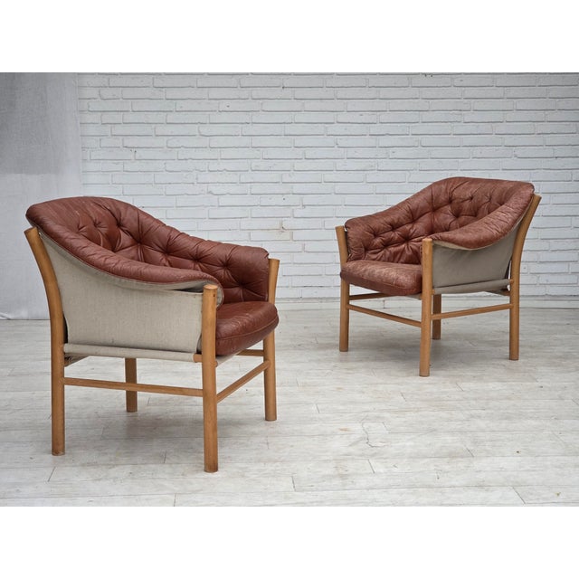 1970s, Swedish design by Gunnar Kentemo. Armchair model G7 Pedro. Original brown furniture leather, canvas, beech wood....