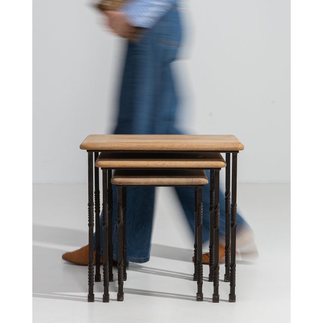 Silver 1970s Set Of Three Cast Iron Nesting Tables With Wooden Tops For Sale - Image 8 of 13