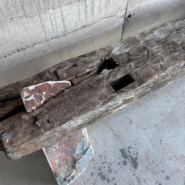 Rustic Primitive Mesquite Wood and Stone Bench Curated by Ambianic For Sale - Image 3 of 7
