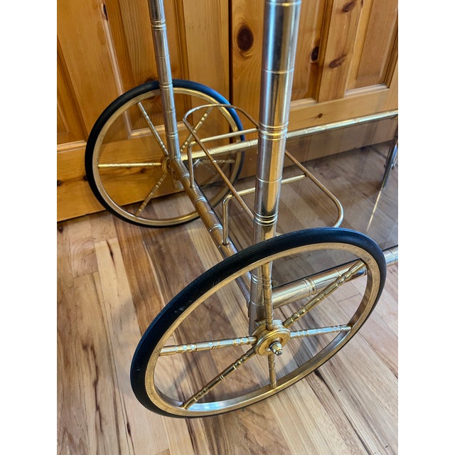Mid-Century Modern Mid Century Modern French Brass Faux Bamboo 2-Tier Bar Drink Cart Glass Shelves For Sale - Image 3 of 11