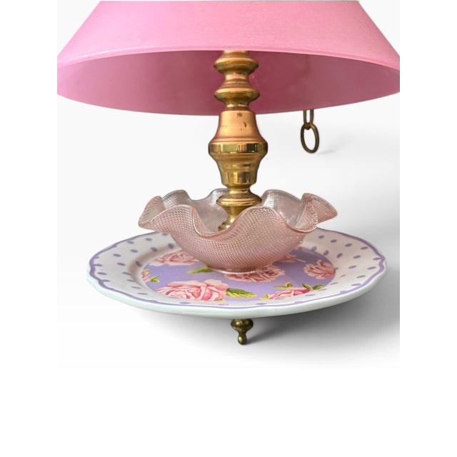 Hollywood Regency Vintage Hanging Bird Feeder | Pink Shade, Ruffled Glass & Floral Plate For Sale - Image 3 of 5