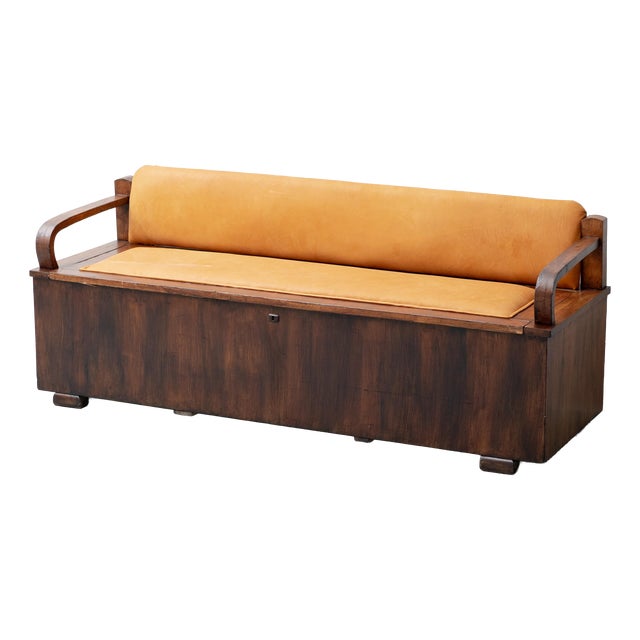 Wooden and Brown Leather Chest Bench, 1950s For Sale