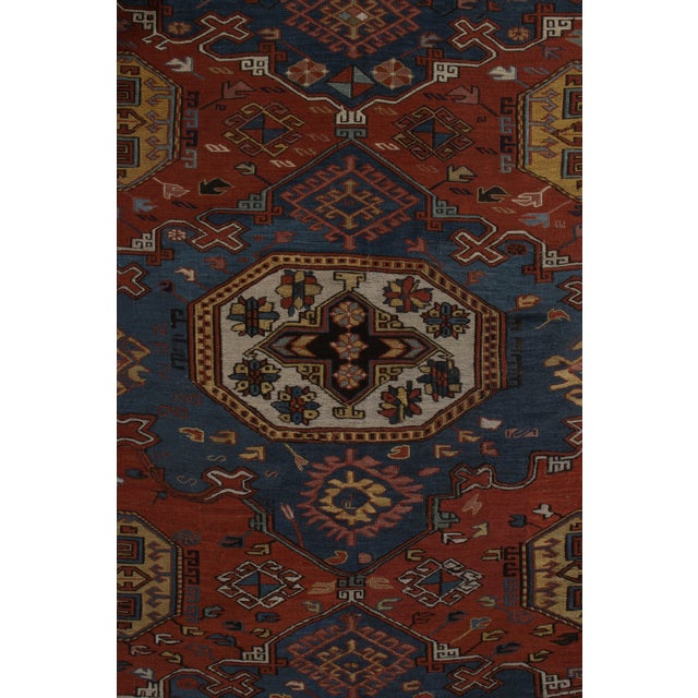 Hand-Knotted Antique Russian Soumak Rug in Red, Blue, Medallion All Over Pattern For Sale In New York - Image 6 of 6