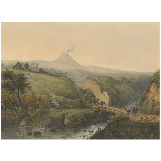 After Salm, Landscape Near Probolinggo with Smoking Volcano, Java, Lithograph, 1872 For Sale
