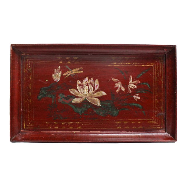 Lotus Blossom Wood Tray Vintage For Sale