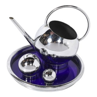 Art Deco Chrome Pancake Corn Set Blue Tray by Russel Wright for Chase For Sale