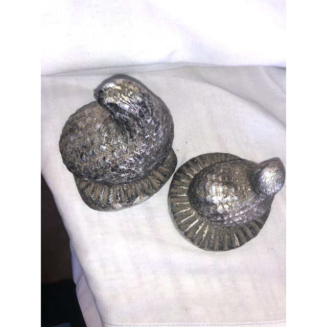 MCM foiled quail pair with gold felt bottom. Biggest is 4.25”Hx 4.25”Wx 3.75”D Smaller is 3.5”H x 4”W x 3.5”D