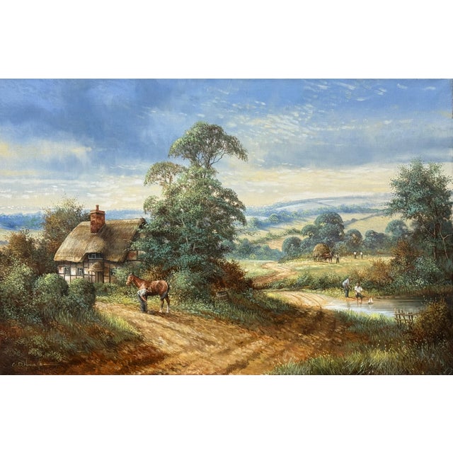 Rural Scene with Horses, Farm Workers & Thatched Cottage in English Countryside 1980 Circa For Sale - Image 6 of 16
