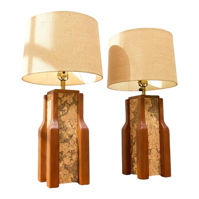 Vintage Walnut & Cork Architectural Table Lamp - Pair For Sale
