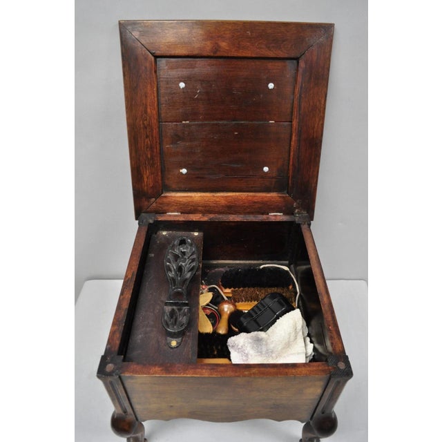 Antique Flip Top Georgian Chippendale Style Mahogany Shoe Shine Box Footstool For Sale - Image 12 of 18
