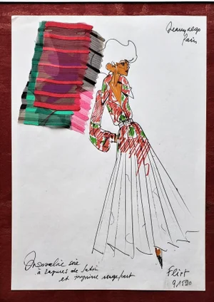 Matted Original French Fashion Drawing With Fabric