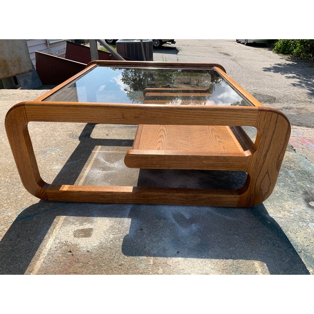 MidCentury Modern Lou Hodges Oak Coffee Table With Inset Glass Top