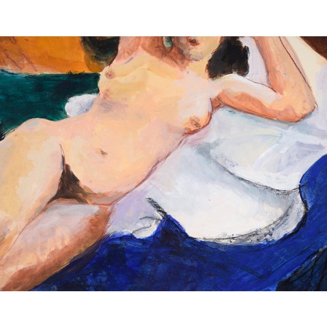 Nude Model on a White and Blue Bed in Acrylic on Paper by Katherine Kallick For Sale In Monterey, CA - Image 6 of 7