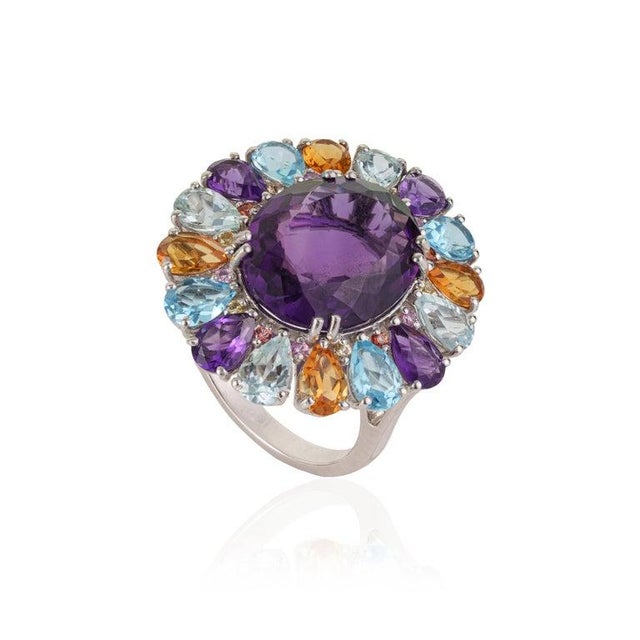 Contemporary Handcrafted 15.5Ct Aquamarine & Blue Topaz Silver Ring With Amethyst and Citrine Accents - Size 7.5 For Sale - Image 3 of 15