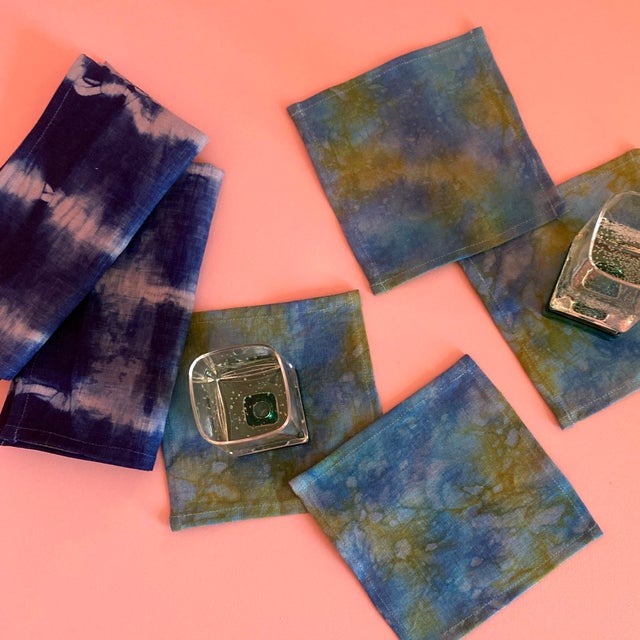 Contemporary Hand Dyed Linen Napkins, Silver Gray & Indigo Blue Stripe Pattern- Set of 4 For Sale - Image 3 of 4