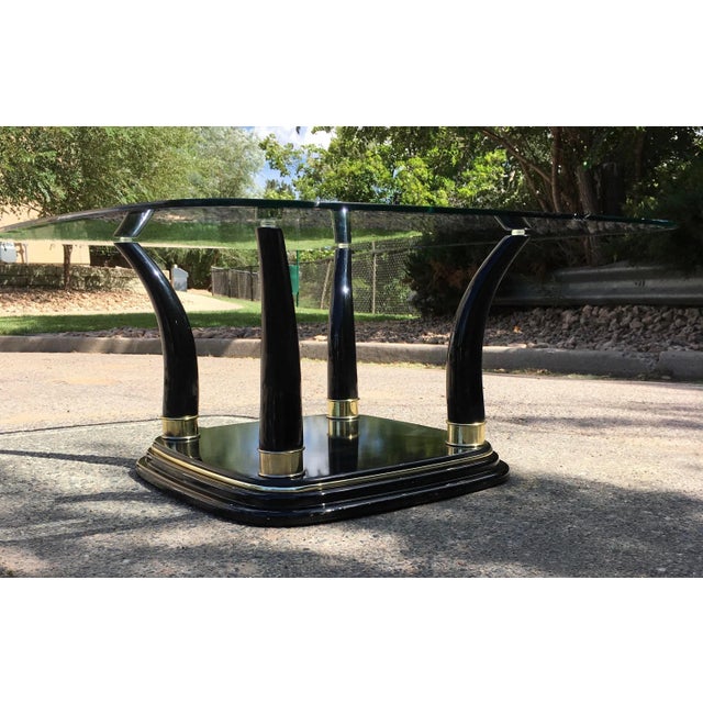Mid 20th Century Postmodern Faux Elephant Tusk Glass Top Coffee Table in Black Lacquer Manner of Henredon For Sale In Denver - Image 6 of 13