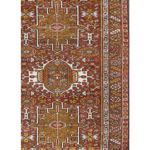 Olive Green, Yellow Green, Rust Red Antique Persian Karadjeh Rug Geometric Design For Sale In Atlanta - Image 6 of 8