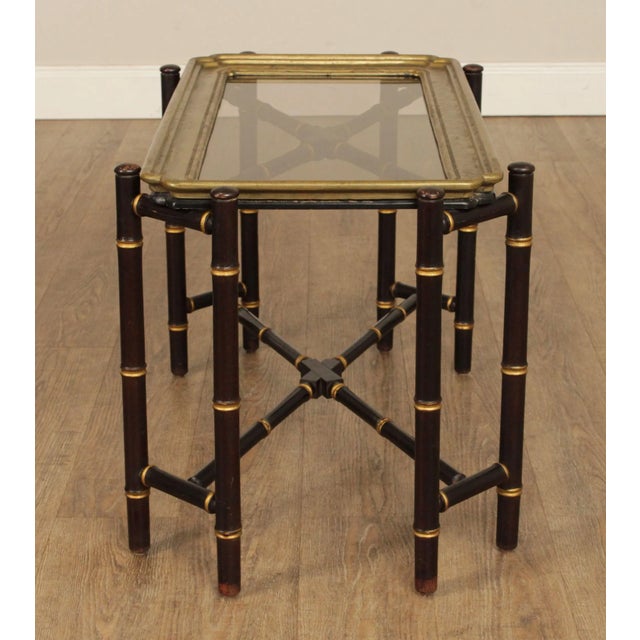 1960s Asian Style Faux Bamboo X-Base Brass Tray Top Coffee Table For Sale - Image 11 of 13