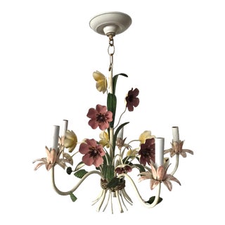 Vintage Tole Pink and Yellow Floral Chandelier For Sale