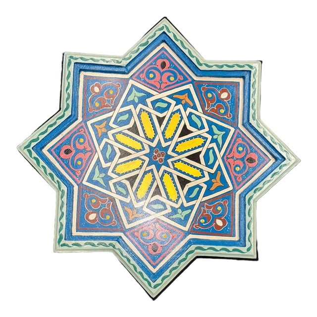 Moroccan Moorish drinks table colorful blue color hand painted and carved side occasional table with Moorish designs.