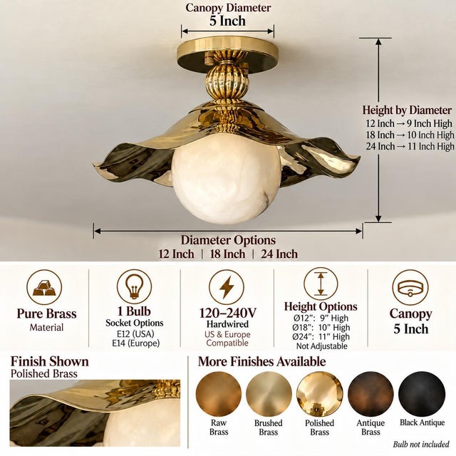 Elegant mid-century flush mount ceiling light crafted in Pure Brass with a wavy scalloped shade and luminous natural...