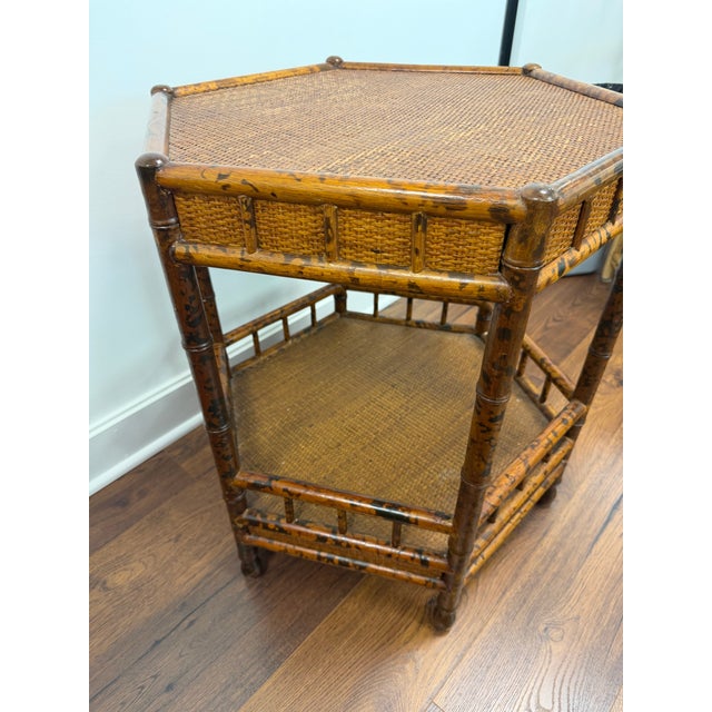 Mid-Century Modern Vintage British Colonial Style Two Tier Hexagonal Side Table For Sale - Image 3 of 6