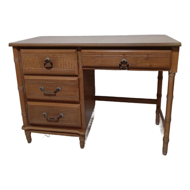 1970s Hollywood Regency Honey-Toned Wood Writing Desk with 4 Drawers For Sale