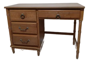 1970s Hollywood Regency Honey-Toned Wood Writing Desk with 4 Drawers