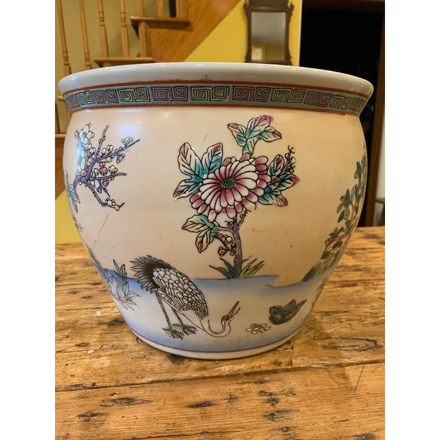 Large Mid-Century Chinese Export Colorful Hand Painted Cranes Flowers Fish Bowl Planter Cachepot For Sale - Image 10 of 12