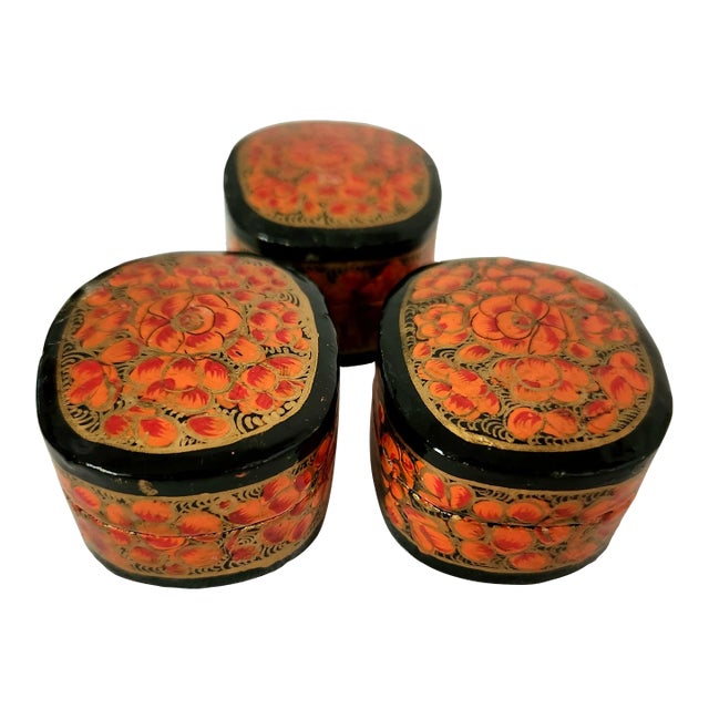 1990s Indian Hand Painted Paper-Mache Boxes - Set of 3 For Sale