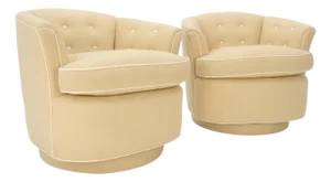 Pair of New Linen Upholstery Round Swivel Tub Barrel Back Chairs Baughman MINT!