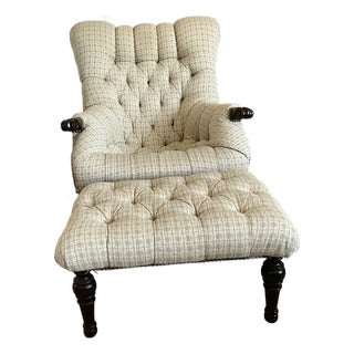 Stickley Leopold’s Tufted Chair & Ottoman Set in Cherry Wood With Antiqued Nailhead Trim For Sale